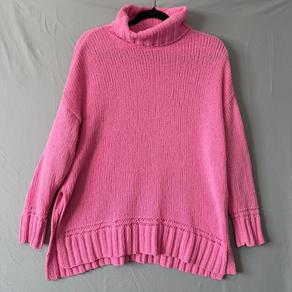 Aerie Womens Oversized Chenille Turtleneck Sweater S Hot Pink Slouchy Ribbed Hem